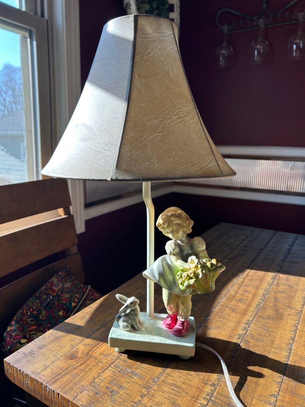 Vintage Apple Basket  Girl & Rabbit Table   Lamp  ceramic    girl holding basket - Picture 4 of 12